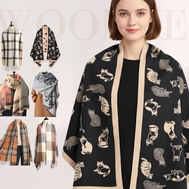 【WOONUE】60款超柔羊毛絨質感圍巾冷氣披肩百搭貓咪圍巾絲巾斗篷黑白(生日禮物媽媽女友老婆聖誕禮物情人)