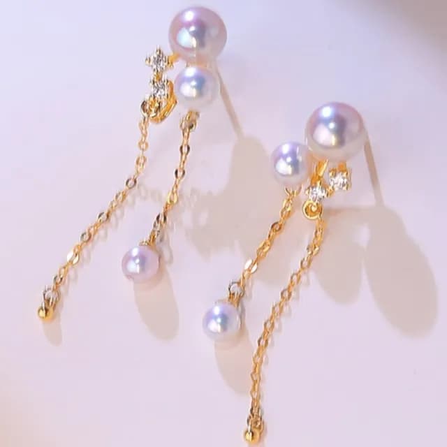 【La Corser】4-6.5mm Akoya 海水珍珠 耳環 長款 耳線設計 極強光 正圓珍珠 耳飾 18K金 天女級