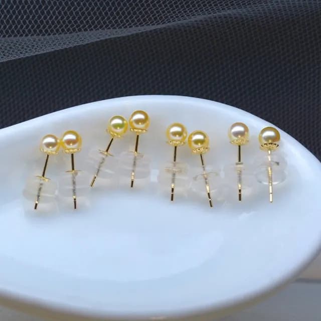 【La Corser】7.5-8mm 日本天然海水 Akoya 珍珠 耳釘 羽黃金 皇后香檳小金珠 18K金耳飾