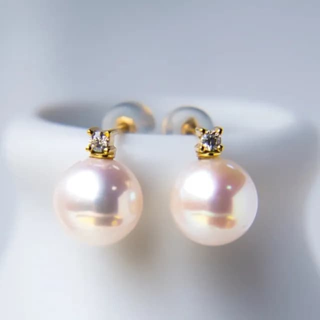 【La Corser】7-7.5mm 日本 Akoya 天然海水珍珠 耳釘 鑽石 王妃款 18K黃金 珍珠耳環 耳飾 天女級