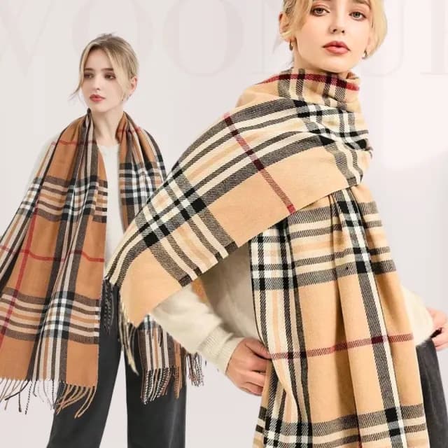 【WOONUE】英倫格紋超柔羊毛絨質感圍巾披肩空調百搭圍巾絲巾斗篷粉色白(生日媽媽女友老婆聖誕交換禮物)