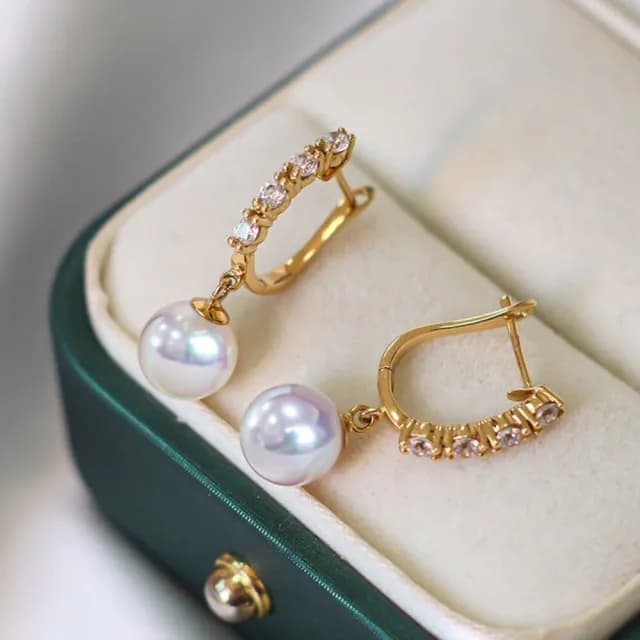 【La Corser】8.5-9mm 日本 Akoya 天然海水珍珠 耳環 耳墜 18K黃金 耳飾 耳圈 正圓 強光 送女友