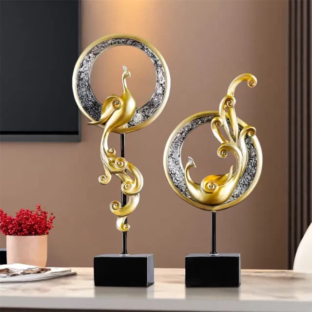 【超微米】鳳凰擺件一對 客廳玄關酒櫃裝飾品 家居創意鳳凰擺設 喬遷開業送禮(風水招財擺件)