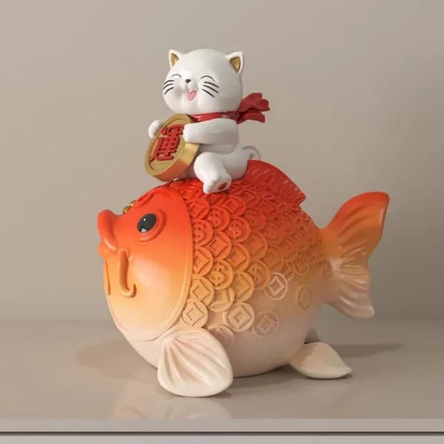 【超微米】鴻運當頭錦鯉招財貓擺件 客廳玄關電視櫃收銀台裝飾品 喬遷開業禮物(22*20*24CM)