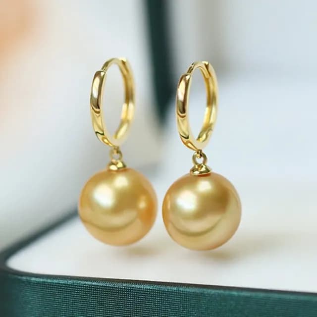 【La Corser】13-14mm 南洋金珠 天然海水珍珠 耳圈 18K金 耳環 正圓珍珠 強光 濃金珍珠 耳飾 百搭