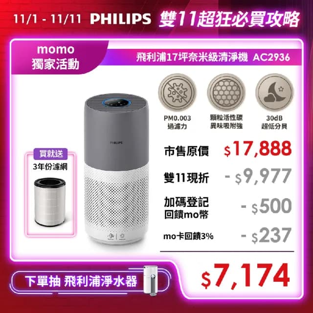 【Philips 飛利浦】奈米級空氣清淨機-360度高效過濾★適用17坪(AC2936)
