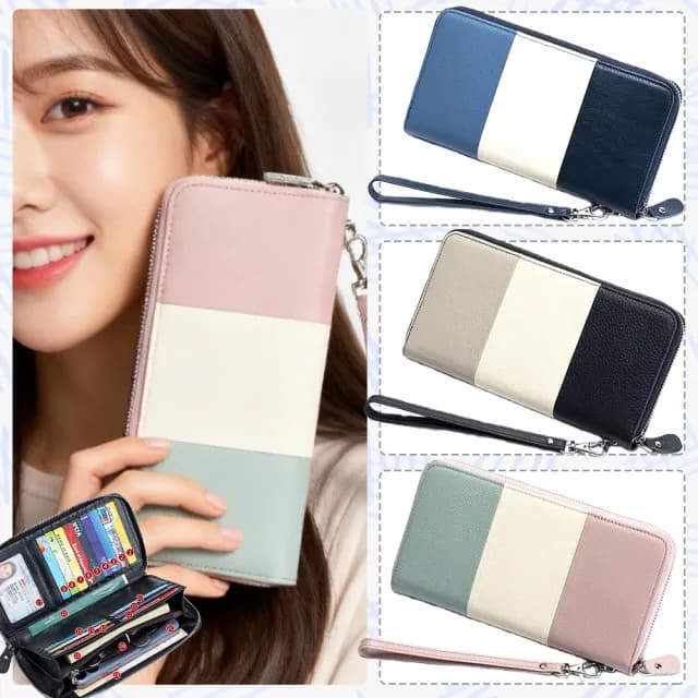 【LEEHER】雙11 女生錢包/多卡位大容量錢夾/三色拉鍊錢包/長夾/真皮手拿包/長款錢包
