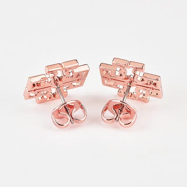 【TORY BURCH】TORY BURCH Britten 金屬鏤空雙T LOGO針式耳環(玫瑰金)