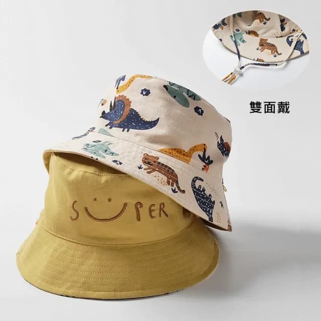【橘魔法】微笑動物集合雙面戴防曬漁夫帽(有防風繩 遮陽帽 帽子 盆帽 圓帽 男童 童帽 中童 兒童 童裝)