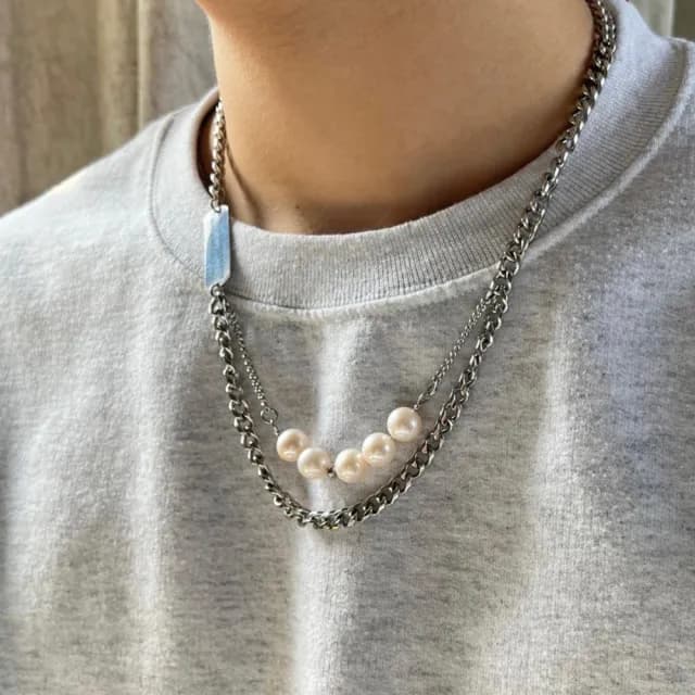 【Elegant 珍愛宣言】父親節禮物 古巴風拼接天然珍珠雙層次男女中性鋼項鍊-訂製(珍珠項鍊 珍珠飾品 男性珍
