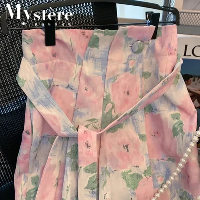 【my stere 我的時尚秘境】情人節禮物 現貨-韓國浪漫粉紅花朵度假高腰中長裙(清新 甜美優雅 粉藍色)