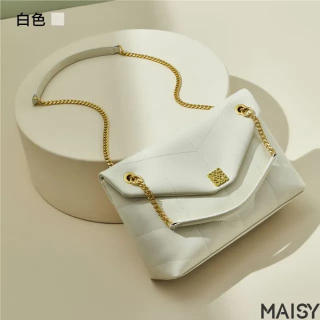 【MAISY】情人節禮物 經典百搭真皮鍊條郵差包(真皮包包 現+預  綠色／白色／黑色／米色)