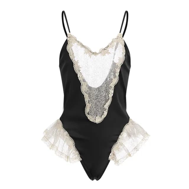 【Sexy baby】A1536冰絲緞面低胸深V綁帶蕾絲連身開襠免脫制服誘惑情趣內衣性感睡衣(Cosplay 情人節禮物)