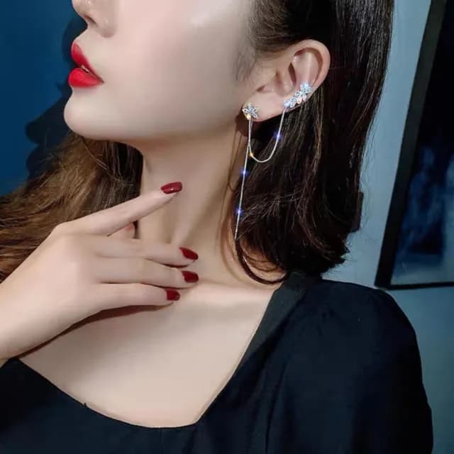 【bibi】水晶花朵流蘇耳釘耳骨夾女新款潮長款耳環網紅氣質簡約耳環
