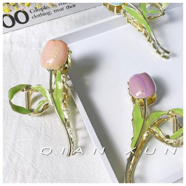 【HaNA 梨花】母親節禮物 陽光燦爛．鬱金香之幻想粉色抓夾(抓夾 韓國髮夾 鯊魚夾)