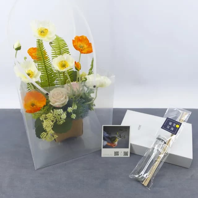 【HUGO DECO 榆果傢飾】橘白虞美人皮革盆香氛花藝(擬真花/香氛/送花/端午節/送禮)