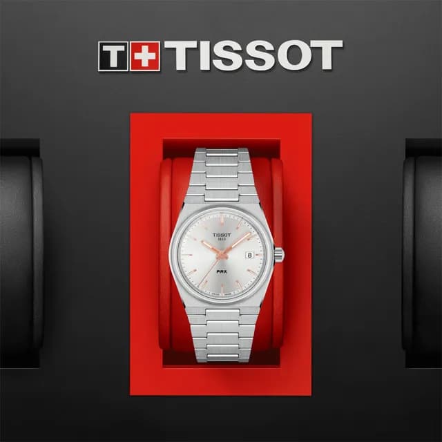 【TISSOT 天梭 官方授權】PRX系列 70年代復刻石英女錶-銀/35mm 手錶 送禮 推薦(T1372101103100)