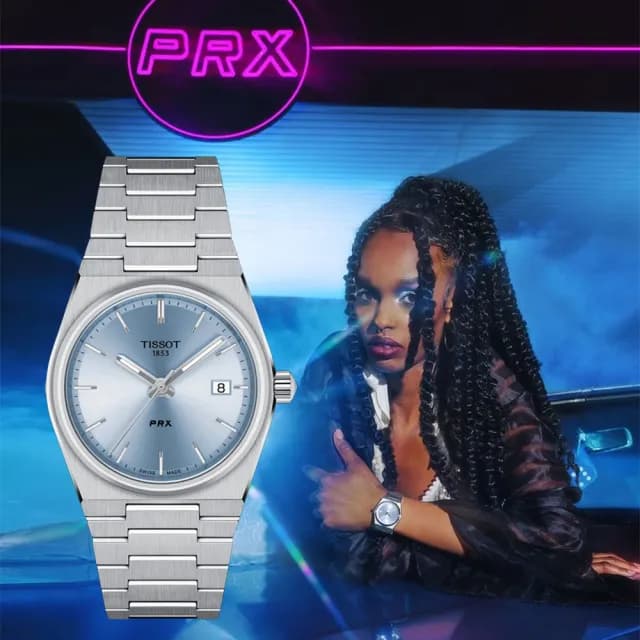 【TISSOT 天梭 官方授權】PRX系列 70年代復刻石英女錶-冰藍/35mm 手錶 送禮 推薦(T1372101135100)
