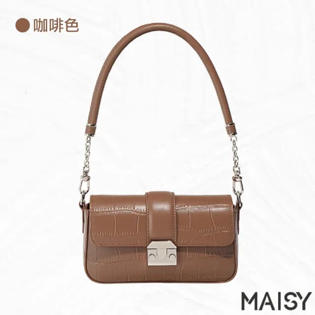 【MAISY】情人節禮物 質感鏈條鱷魚紋真皮單肩斜背包(真皮包包 現+預  白 / 灰 / 棕 / 咖啡)