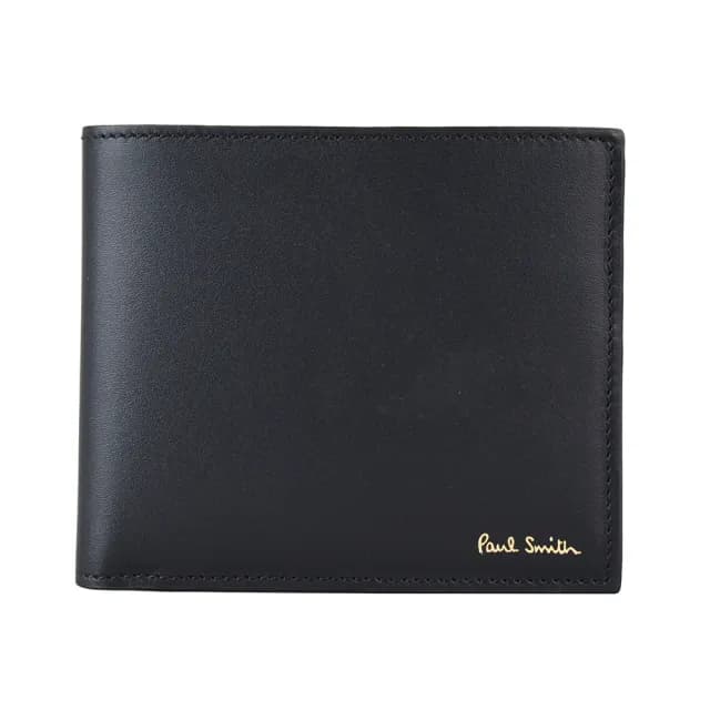 【Paul Smith】PAUL SMITH 燙金LOGO小牛皮搭配小羊皮8卡對折短夾(黑x經典條紋)