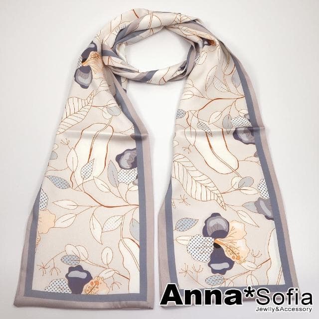 【AnnaSofia】仿絲領巾絲巾圍巾-線框扶桑緞面 現貨(粉米底系)
