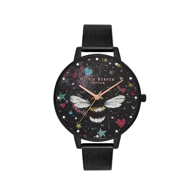 【Olivia Burton】NIght Garden系列-黑殼帶昆蟲面黑面米蘭腕錶/薄殼-38mm(OB16WG87)