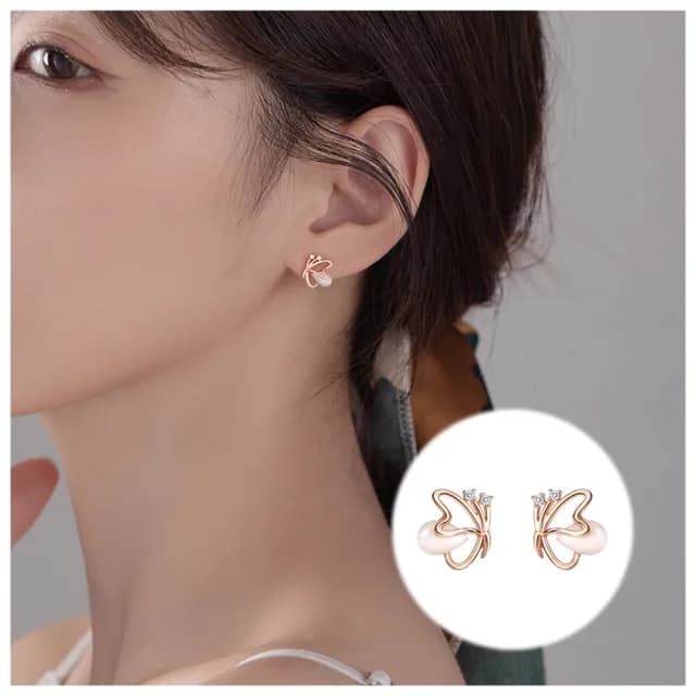 【HaNA 梨花】韓國．愛意繾綣貓眼石蝴蝶耳環(針式耳環 耳飾 耳圈 耳釘)