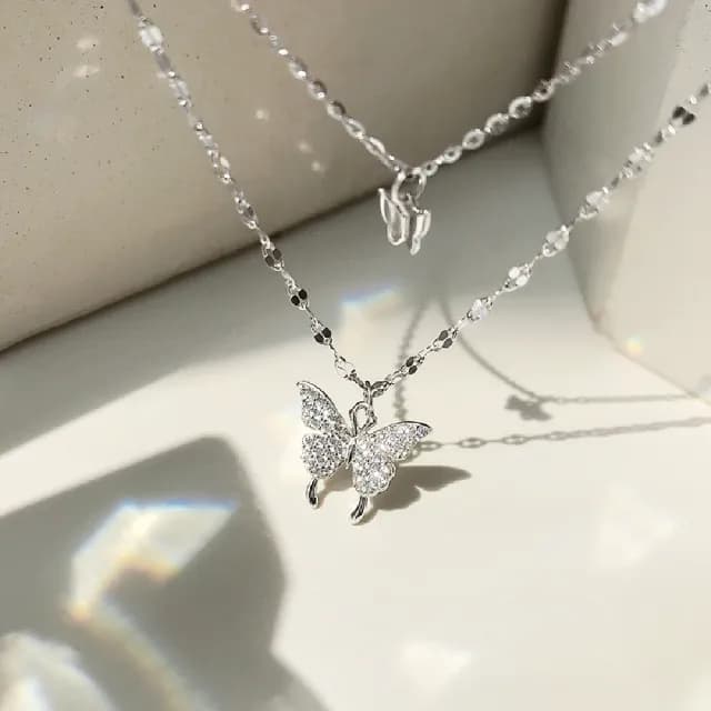 【巴黎精品】現貨+預購 925純銀項鍊鋯石吊墜(雙層蝴蝶鎖骨鍊閃耀女飾品a1cj51)