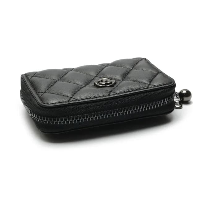 【2R 手工真皮】綿霜羊皮 Kerry 菱格設計多隔層零錢包 經典黑(皮夾)