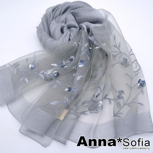 【AnnaSofia】真絲羊毛混紡大尺寸披肩絲巾圍巾-沁梅曲葉 現貨(灰系)