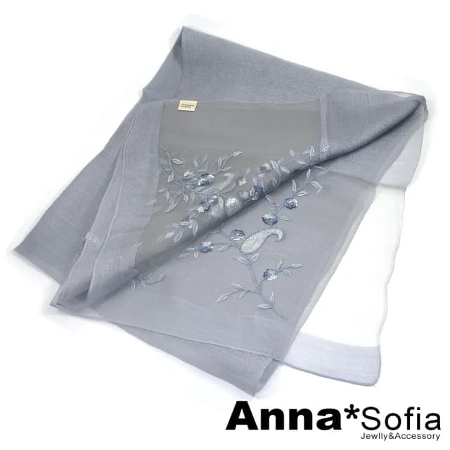 【AnnaSofia】真絲羊毛混紡大尺寸披肩絲巾圍巾-沁梅曲葉 現貨(灰系)
