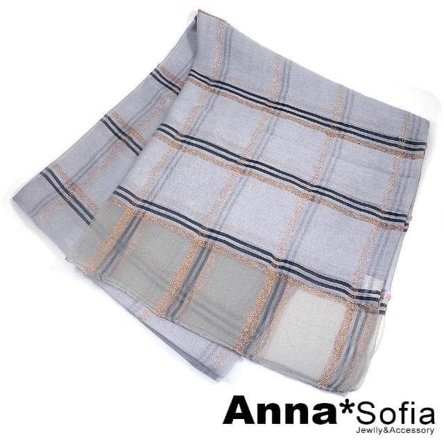 【AnnaSofia】真絲羊毛混紡大尺寸披肩絲巾圍巾-金絲線格紋 現貨(淺灰系)