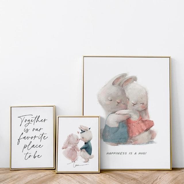 【菠蘿選畫所】HAPPINESS IS A HUG! - 42x60cm(手繪情侶兔子掛畫/交換禮物/居家佈置/療癒掛畫)
