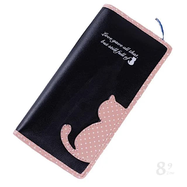 【89 zone】雙11 韓版時尚可愛撞色貓咪波點 長款錢包 手拿包 零錢包 錢夾 皮夾 長夾(藍/粉/黑)