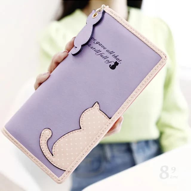 【89 zone】雙11 韓版時尚可愛撞色貓咪波點 長款錢包 手拿包 零錢包 錢夾 皮夾 長夾(藍/粉/黑)
