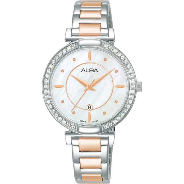 【ALBA】雅柏 珍珠貝晶鑽女錶-玫瑰金x銀/31mm 禮物 送禮 推薦(AH7BE9X1/VJ22-X389KS)
