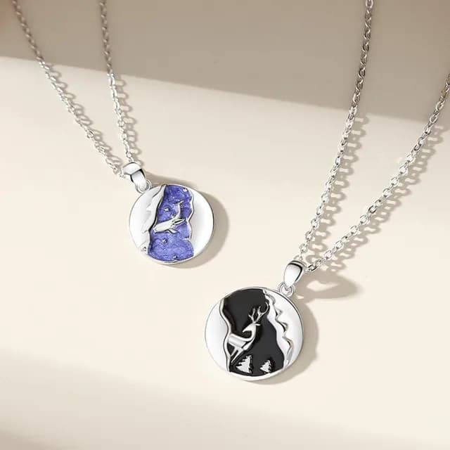 【米蘭精品】現貨+預購 925純銀項鍊情侶對鍊(鹿山鯨海琺瑯圓形生日聖誕節交換禮物74cj72)