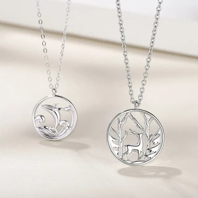 【米蘭精品】現貨+預購 925純銀項鍊情侶對鍊(鯨與鹿森系浮雕圓形生日聖誕節交換禮物74cj50)