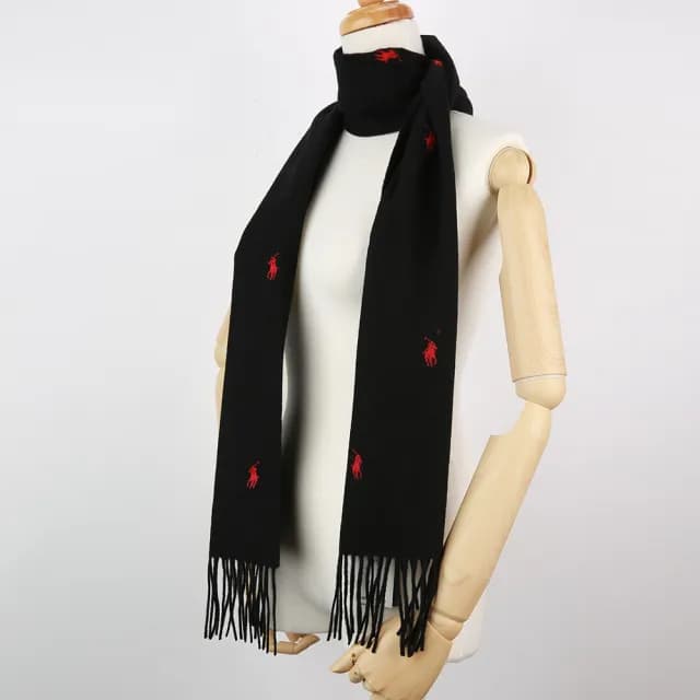 【RALPH LAUREN】POLO經典刺繡小馬滿版羊毛流蘇圍巾(黑色/紅色)