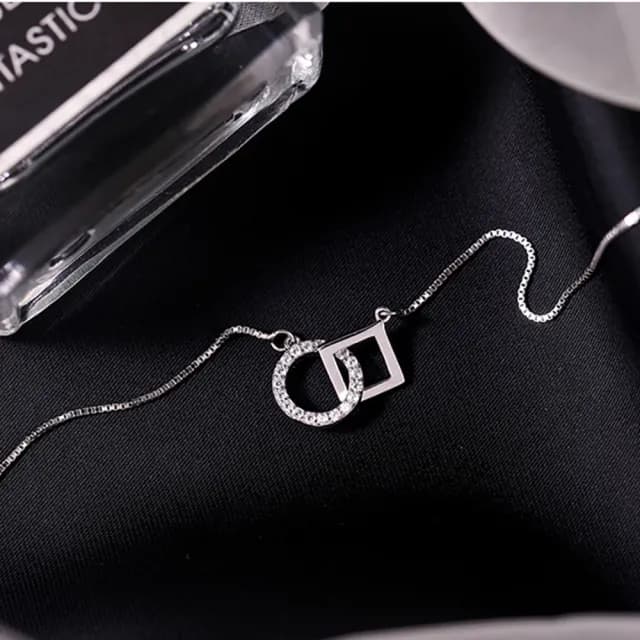 【Umi】韓式東大門圓圈方形扣微鑲鑽造型簡約奢華時尚優雅百搭銀項鍊(韓劇精緻情人節禮物)