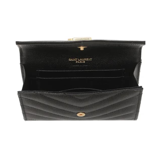 【YSL】金字LOGO V字縫線 黑色 小牛皮 扣式短夾 皮夾 零錢包(414404BOW011000)