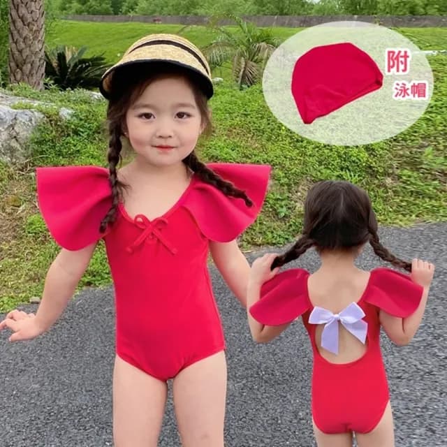 【橘魔法】立體蓬蓬袖露背蝴蝶結連身泳衣+泳帽(泳裝 童裝 泳衣 兒童 玩水 女童)