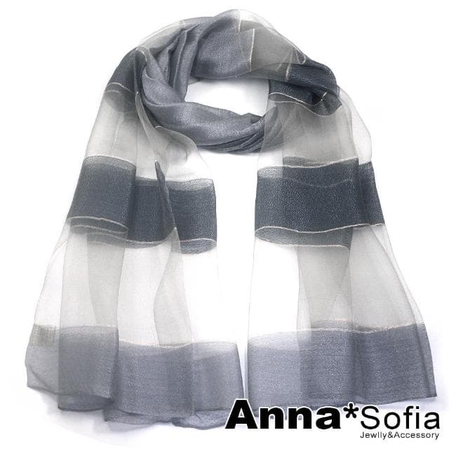 【AnnaSofia】真絲羊毛混紡大尺寸披肩絲巾圍巾-絲點橫條鏤空 現貨(銀灰系)