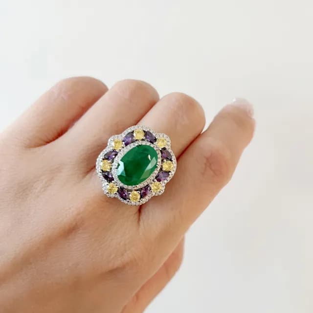 【Emmas愛馬飾】精工3A鋯石財碧綠黃寶石戒指(母親節禮物)