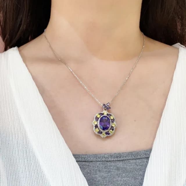 【Emmas愛馬飾】精工3A鋯石招財好運堇紫黃寶石墜鏈&戒指組(母親節禮物)