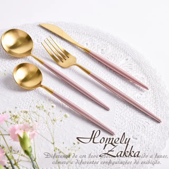 【Homely Zakka】輕奢粉金撞色不鏽鋼餐具4件組(刀叉 湯匙 西式餐具 環保餐具)