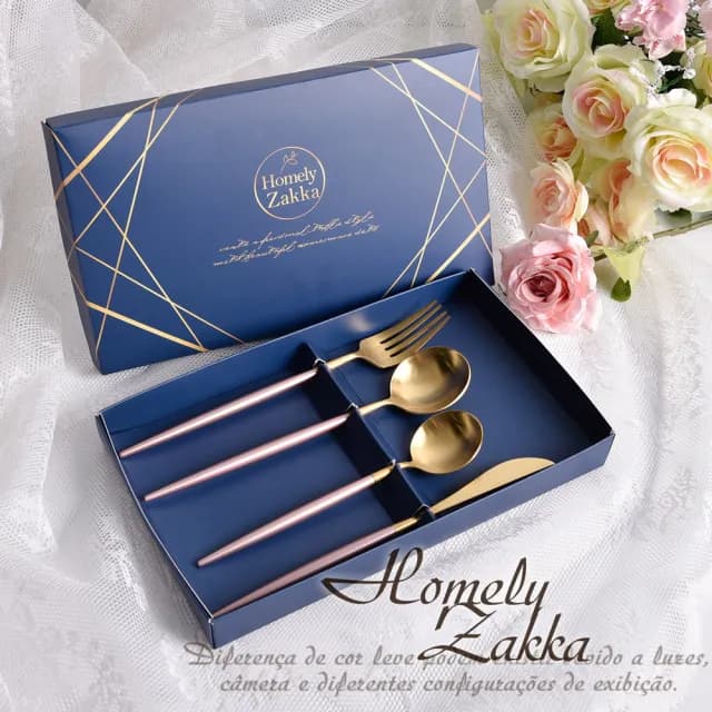 【Homely Zakka】輕奢粉金撞色不鏽鋼餐具4件組(刀叉 湯匙 西式餐具 環保餐具)