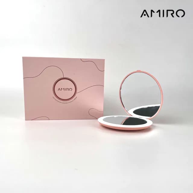 【AMIRO】LED燈 隨身化妝鏡 粉色(隨身鏡 情人節禮物   新年禮物)
