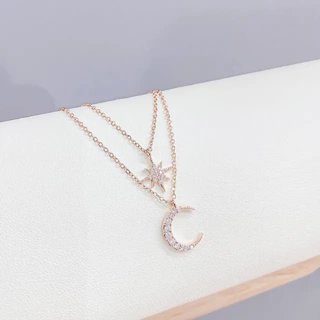 【Umi】韓式東大門浪漫星月天空奢華時尚優雅百搭玫瑰金微鑲鑽項鍊 附延長鏈(玫瑰金)