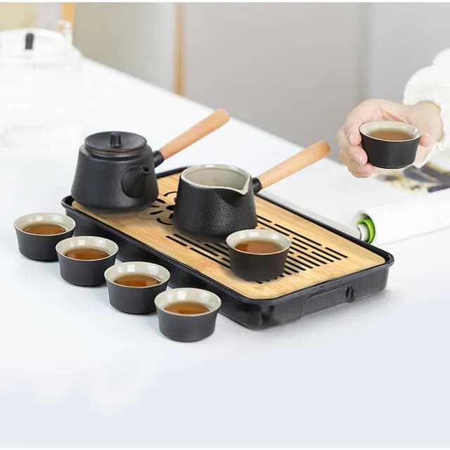 【Life shop】陶瓷側把壺旅行茶具套組/附收納包(茶具 旅行泡茶 泡茶茶杯 交換禮物 茶器套裝組)